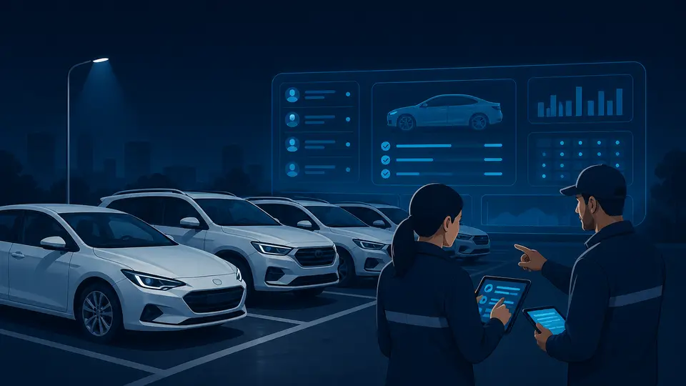 Equipe vistoriando frota de veículos — plano Corporativo