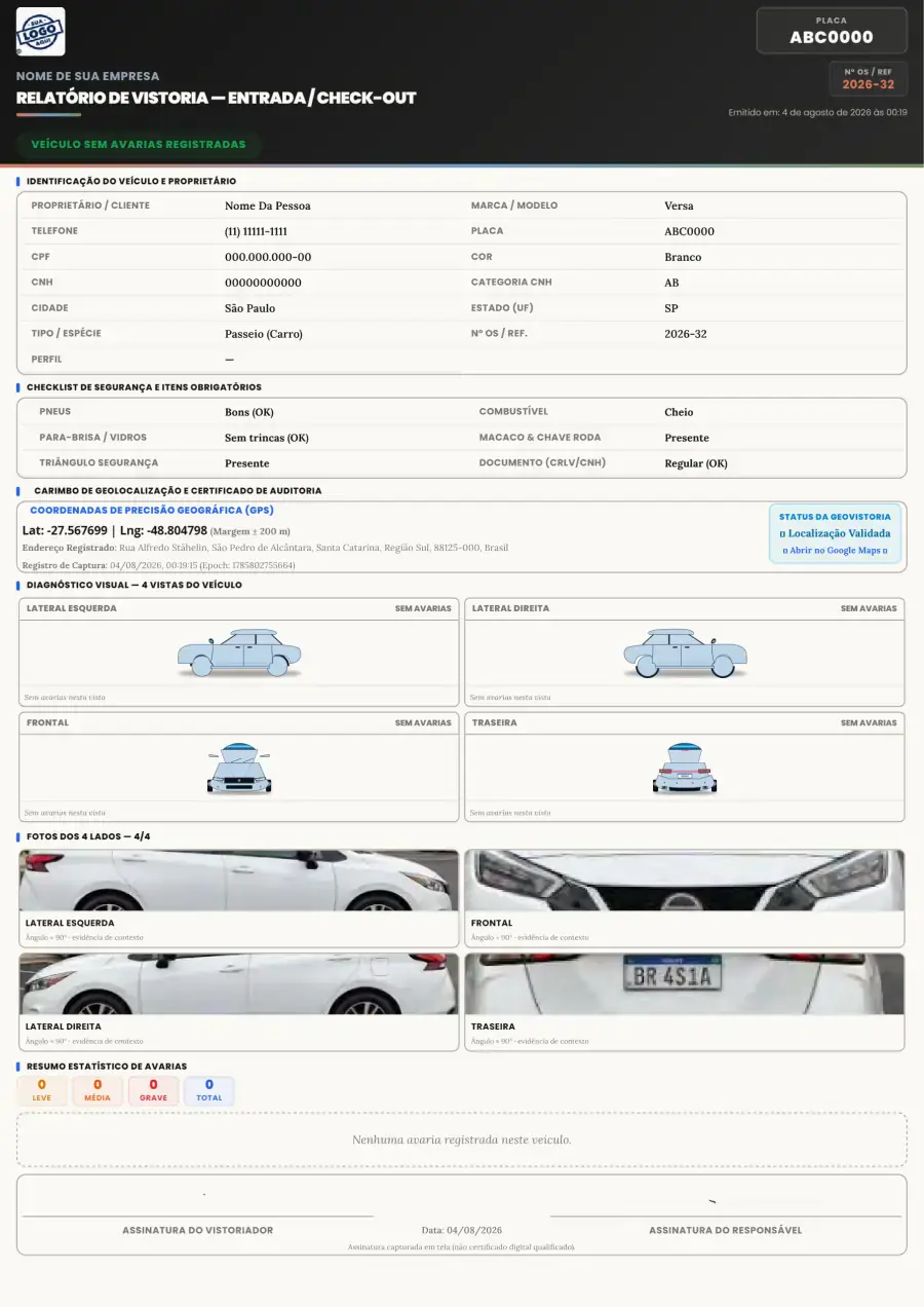 PDF de entrada página 1: veículo sem avarias, checklist, geo e fotos dos 4 lados