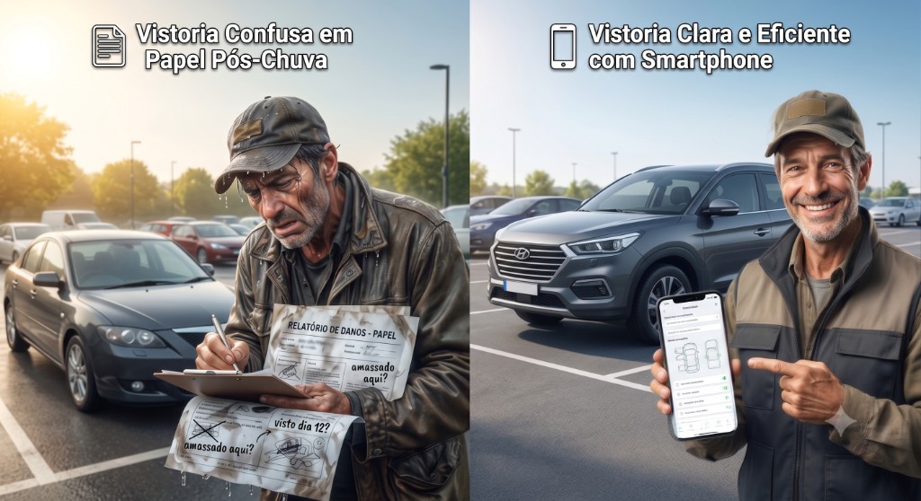 Comparação entre vistoria confusa em papel pós-chuva e vistoria clara com smartphone