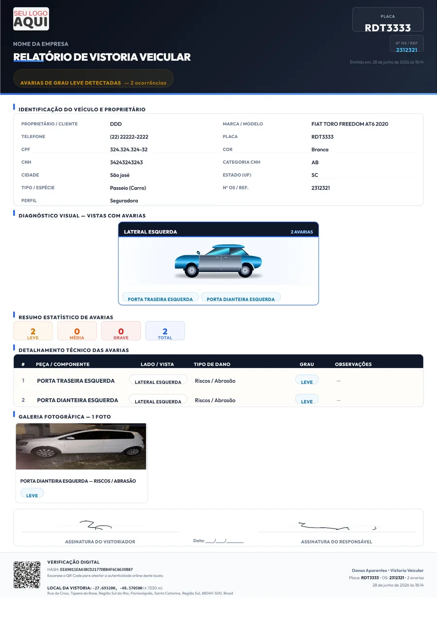 Exemplo real do PDF de Relatório de Vistoria Veicular gerado pelo app, com cabeçalho personalizável (logo e nome da empresa), identificação do veículo, diagrama de danos, detalhamento das avarias, galeria fotográfica, assinaturas e hash de validação.