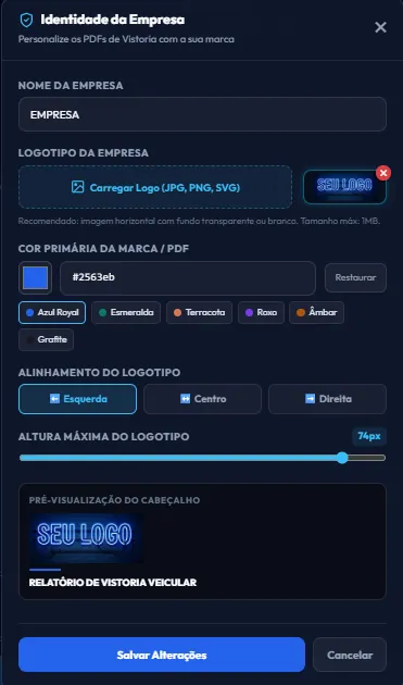 Configuração Identidade da Empresa: nome, logotipo, cor e alinhamento para o PDF